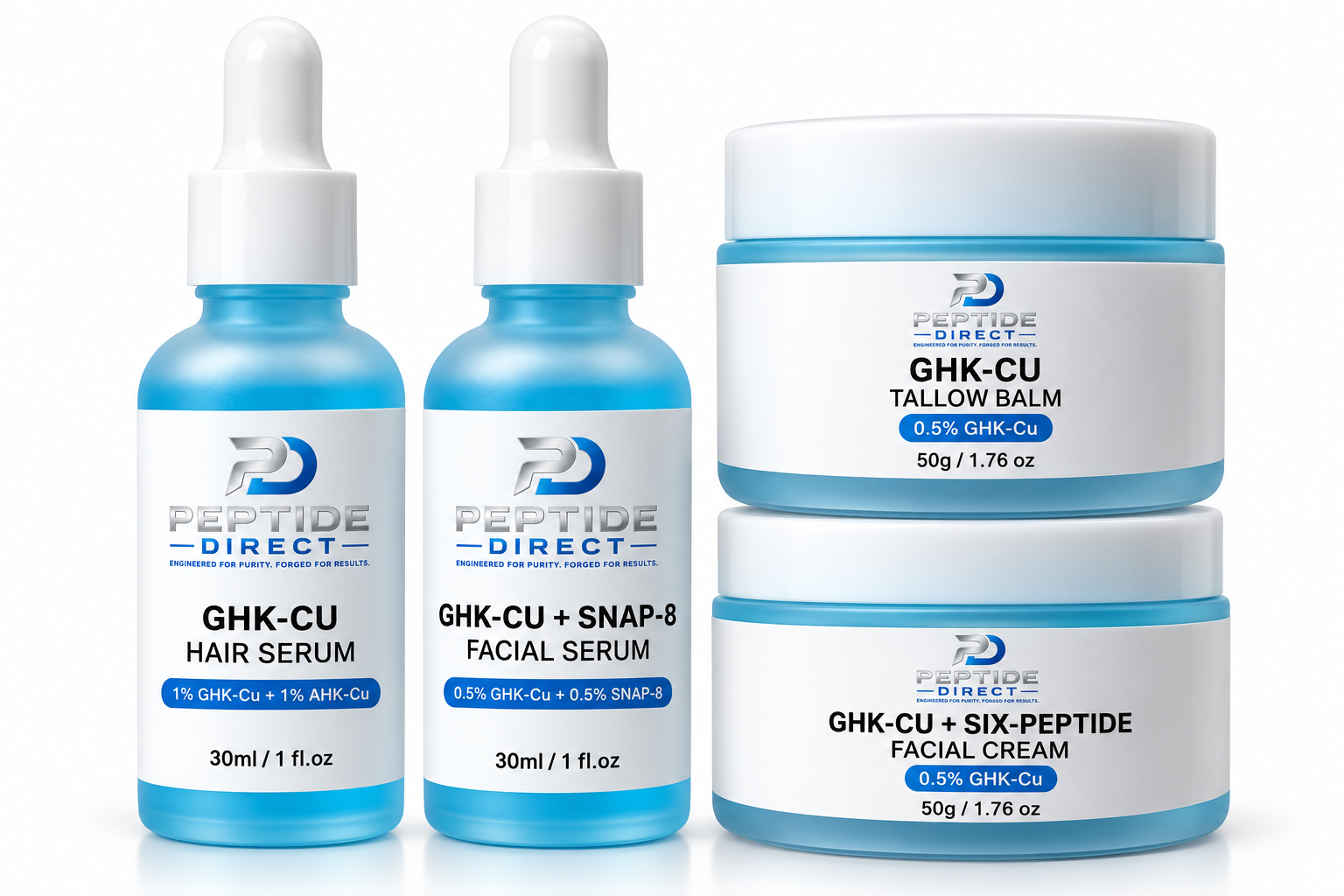The Glow Up Set: GHK-Cu facial serum with SNAP-8, hair serum, six-peptide cream and tallow balm